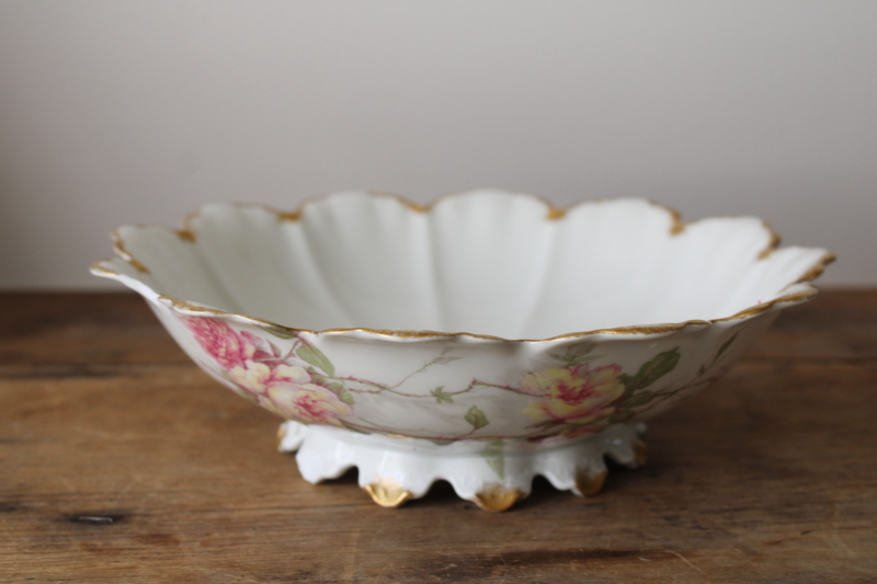 photo of shabby roses antique Haviland Limoges china, large fancy scalloped bowl, footed centerpiece  #8