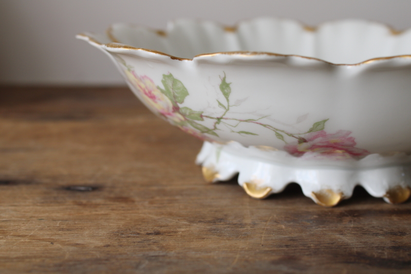 photo of shabby roses antique Haviland Limoges china, large fancy scalloped bowl, footed centerpiece  #9