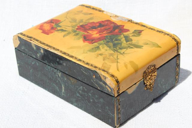 photo of shabby roses antique hanky box, Victorian vintage candy box to hold gloves, jewelry, treasures #1