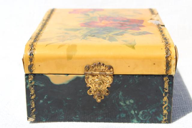 photo of shabby roses antique hanky box, Victorian vintage candy box to hold gloves, jewelry, treasures #4