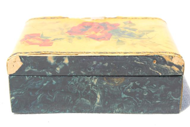 photo of shabby roses antique hanky box, Victorian vintage candy box to hold gloves, jewelry, treasures #9