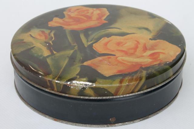 photo of shabby roses vintage yellow rose tin, 1940s 50s candy or cookie box #1