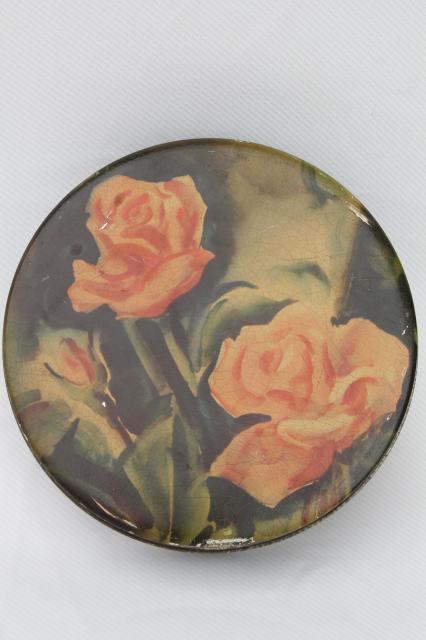 photo of shabby roses vintage yellow rose tin, 1940s 50s candy or cookie box #2