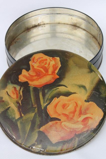 photo of shabby roses vintage yellow rose tin, 1940s 50s candy or cookie box #3