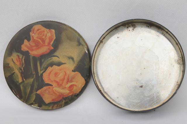 photo of shabby roses vintage yellow rose tin, 1940s 50s candy or cookie box #5