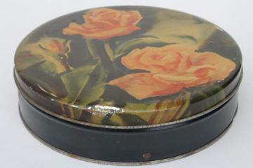 catalog photo of shabby roses vintage yellow rose tin, 1940s 50s candy or cookie box