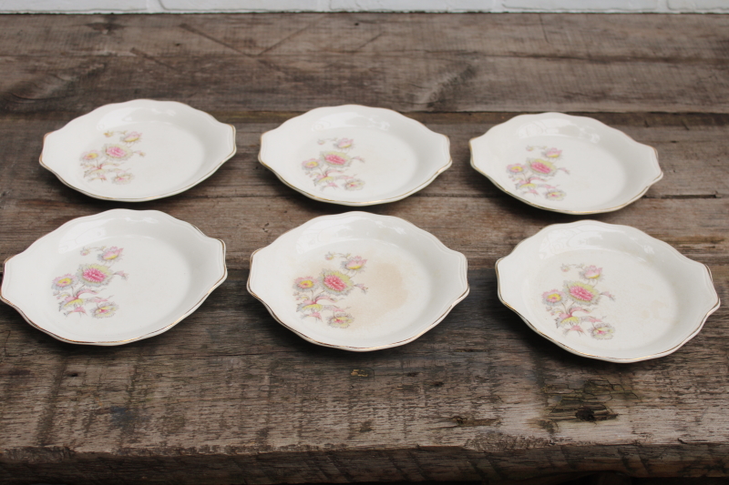 photo of shabby stained antique china dishes, 1930s vintage floral pink grey yellow set of 6 bowls  #1
