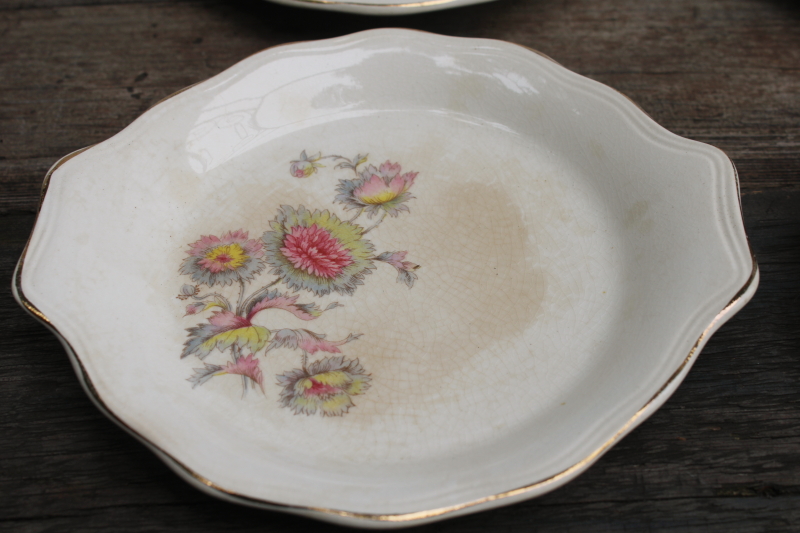photo of shabby stained antique china dishes, 1930s vintage floral pink grey yellow set of 6 bowls #2