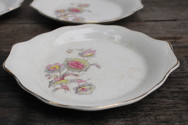 photo of shabby stained antique china dishes, 1930s vintage floral pink grey yellow set of 6 bowls #3
