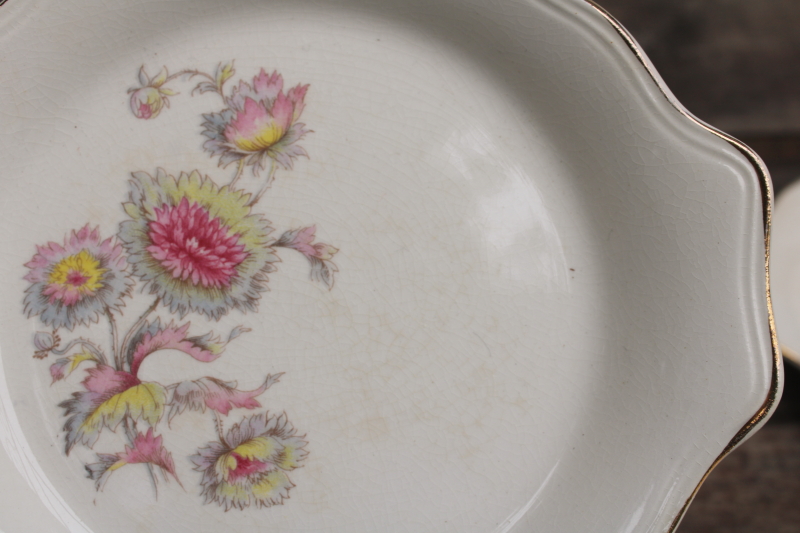 photo of shabby stained antique china dishes, 1930s vintage floral pink grey yellow set of 6 bowls #4