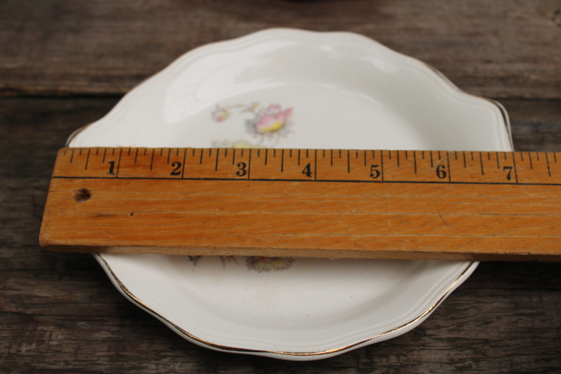 photo of shabby stained antique china dishes, 1930s vintage floral pink grey yellow set of 6 bowls #8