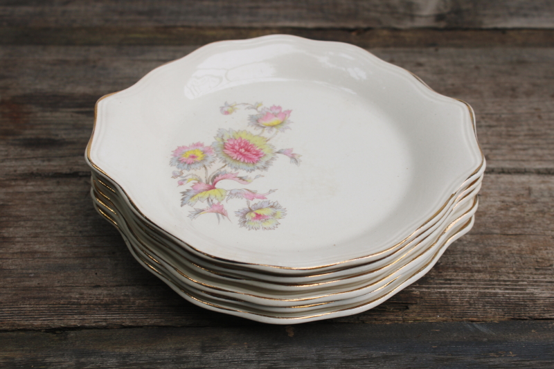 photo of shabby stained antique china dishes, 1930s vintage floral pink grey yellow set of 6 bowls #9