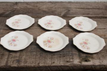 catalog photo of shabby stained antique china dishes, 1930s vintage floral pink grey yellow set of 6 bowls 