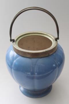 catalog photo of shabby stained crazed antique blue glazed china jar, old English pottery biscuit barrel w/ metal handle 