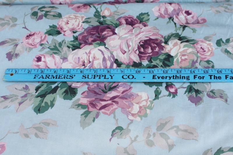 photo of shabby style vintage fabric, cabbage roses print floral lavender pink on pale blue #2