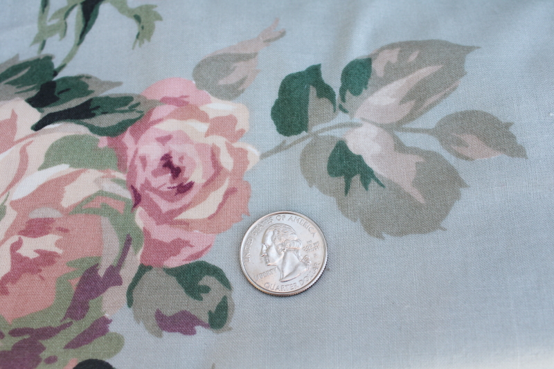 photo of shabby style vintage fabric, cabbage roses print floral lavender pink on pale blue #4