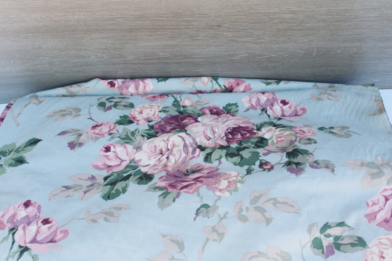 photo of shabby style vintage fabric, cabbage roses print floral lavender pink on pale blue #5