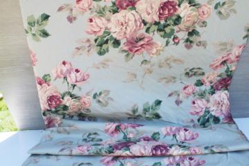 catalog photo of shabby style vintage fabric, cabbage roses print floral lavender pink on pale blue