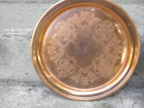 photo of shabby tarnished brass and solid copper trays, vintage round tray lot #2