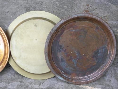 photo of shabby tarnished brass and solid copper trays, vintage round tray lot #3