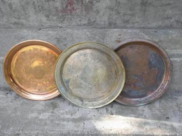 catalog photo of shabby tarnished brass and solid copper trays, vintage round tray lot