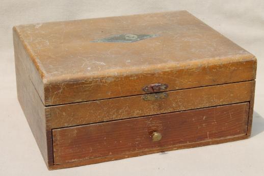 photo of shabby tarnished old silverware, lot of mixed silver plate flatware in old knife box #3