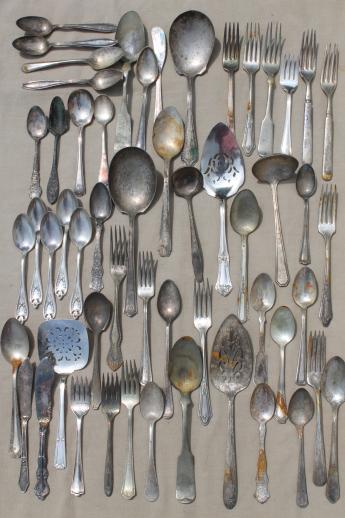 photo of shabby tarnished old silverware, lot of mixed silver plate flatware in old knife box #5