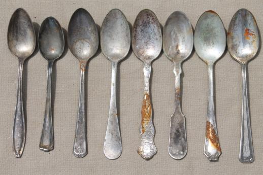 photo of shabby tarnished old silverware, lot of mixed silver plate flatware in old knife box #7