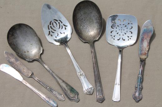 photo of shabby tarnished old silverware, lot of mixed silver plate flatware in old knife box #9