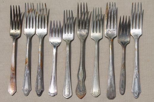 photo of shabby tarnished old silverware, lot of mixed silver plate flatware in old knife box #10