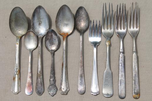 photo of shabby tarnished old silverware, lot of mixed silver plate flatware in old knife box #11