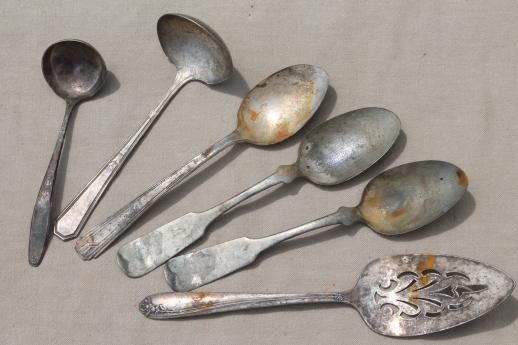 photo of shabby tarnished old silverware, lot of mixed silver plate flatware in old knife box #12