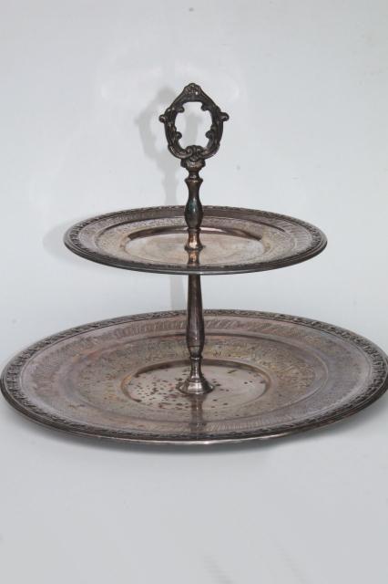 photo of shabby tarnished silver tiered tray, two-tier vintage silverplate cake plate dessert stand #1