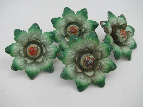 photo of shabby tole metal flowers, vintage curtain drapery tie-backs, original paint #1