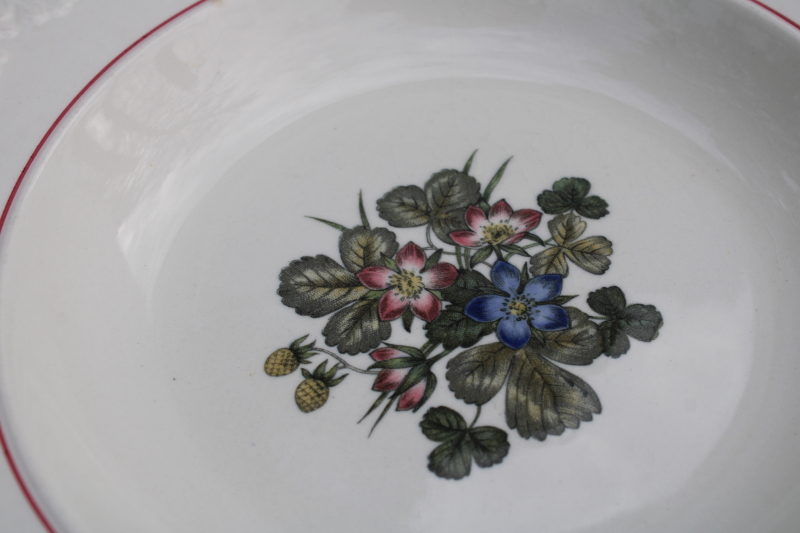 photo of shabby vintage Wedgwood china soup bowls, Pembroke wild strawberries floral pattern, Corinthian embossed border  #4
