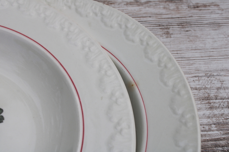 photo of shabby vintage Wedgwood china soup bowls, Pembroke wild strawberries floral pattern, Corinthian embossed border  #6