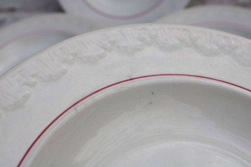 photo of shabby vintage Wedgwood china soup bowls, Pembroke wild strawberries floral pattern, Corinthian embossed border  #7