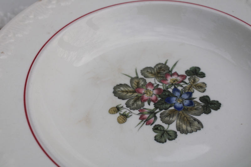 photo of shabby vintage Wedgwood china soup bowls, Pembroke wild strawberries floral pattern, Corinthian embossed border  #8