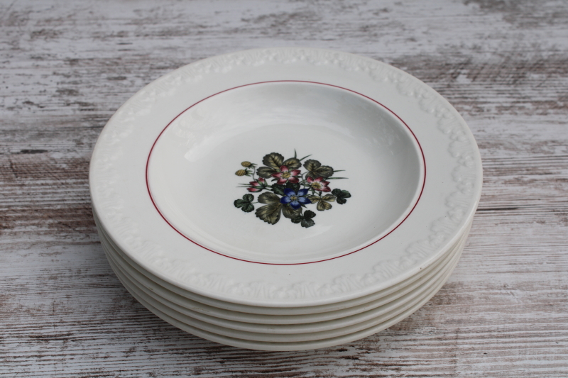 photo of shabby vintage Wedgwood china soup bowls, Pembroke wild strawberries floral pattern, Corinthian embossed border  #11