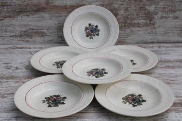 catalog photo of shabby vintage Wedgwood china soup bowls, Pembroke wild strawberries floral pattern, Corinthian embossed border 