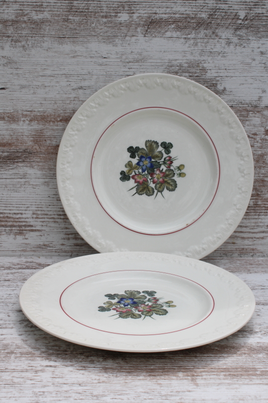 photo of shabby vintage Wedgwood dinner plates, Corinthian embossed cream china Pembroke wild strawberries floral #1