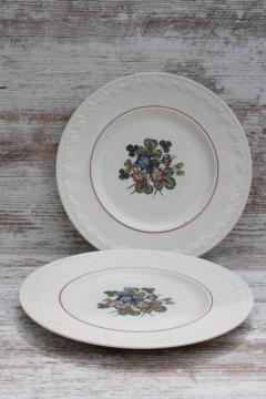 catalog photo of shabby vintage Wedgwood dinner plates, Corinthian embossed cream china Pembroke wild strawberries floral 