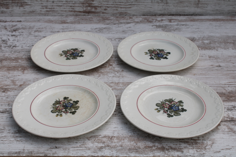 photo of shabby vintage Wedgwood salad or dessert plates, Corinthian embossed cream china Pembroke wild strawberries floral #1