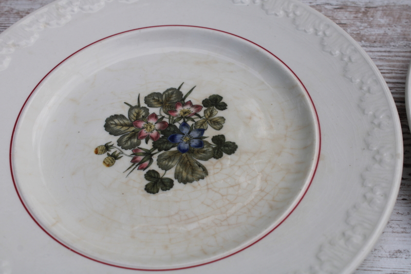 photo of shabby vintage Wedgwood salad or dessert plates, Corinthian embossed cream china Pembroke wild strawberries floral  #2
