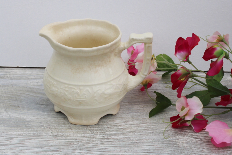 photo of shabby vintage browned stained crazed china pitcher, small jug for flowers, creamware embossed china #1