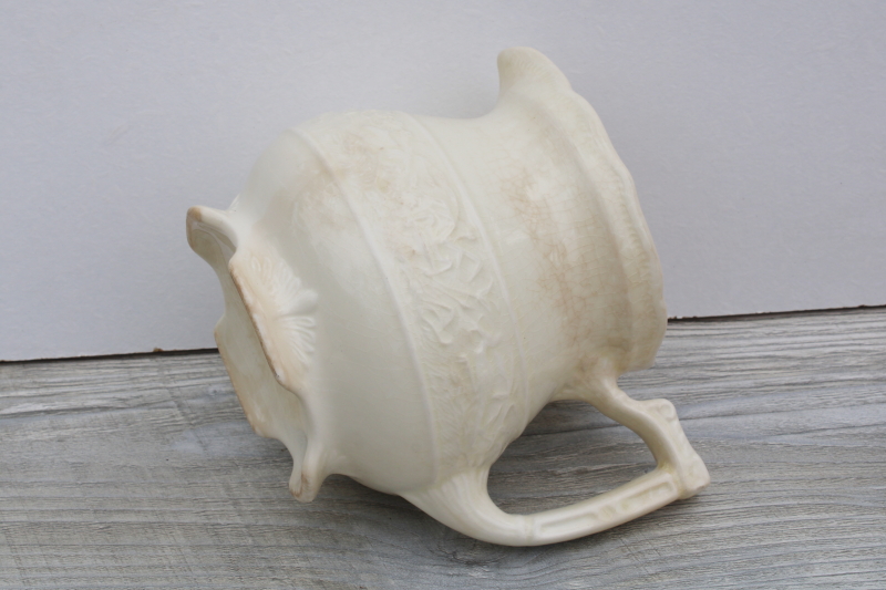 photo of shabby vintage browned stained crazed china pitcher, small jug for flowers, creamware embossed china #2