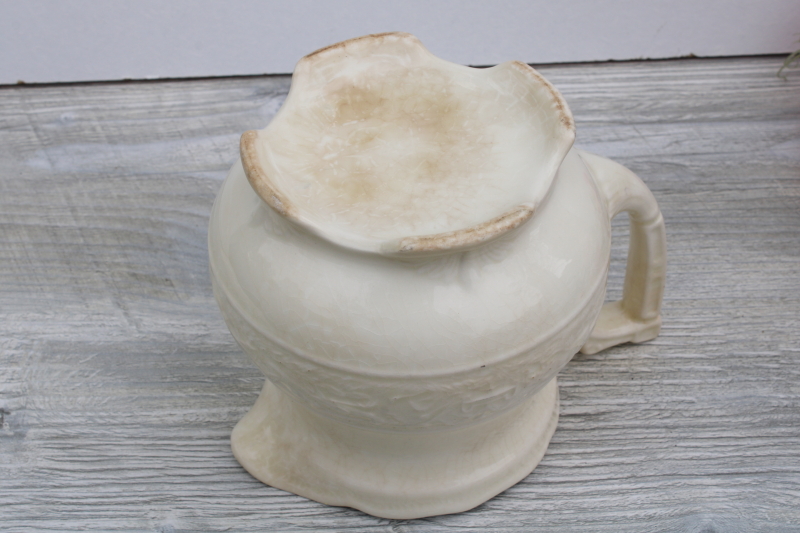 photo of shabby vintage browned stained crazed china pitcher, small jug for flowers, creamware embossed china #3