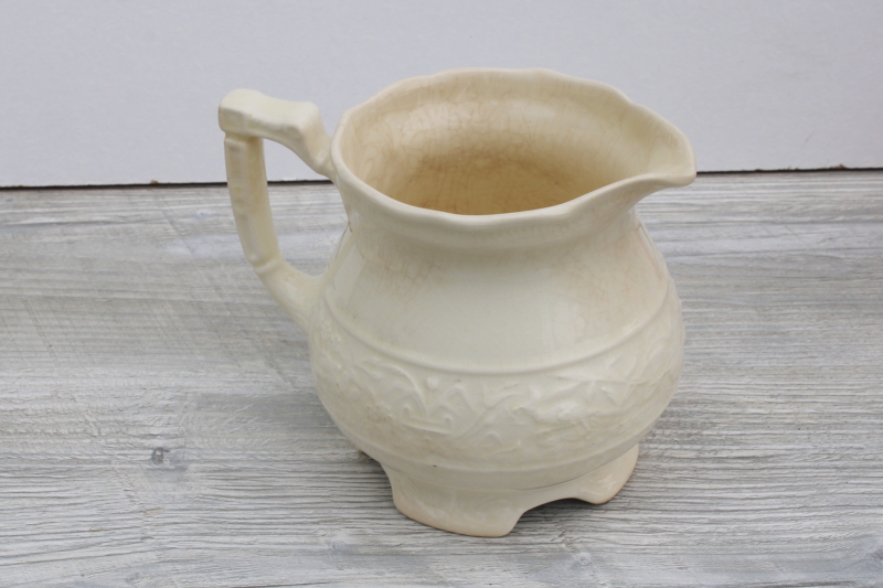 photo of shabby vintage browned stained crazed china pitcher, small jug for flowers, creamware embossed china #4