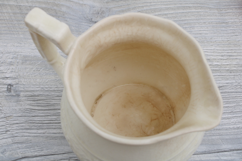 photo of shabby vintage browned stained crazed china pitcher, small jug for flowers, creamware embossed china #6