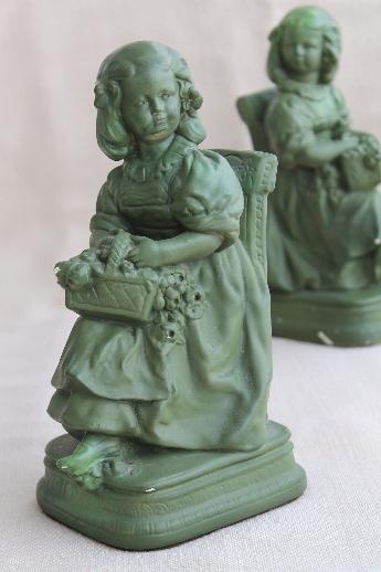 photo of shabby vintage chalkware flower girl figurines, plaster bookends w/ old green paint #3